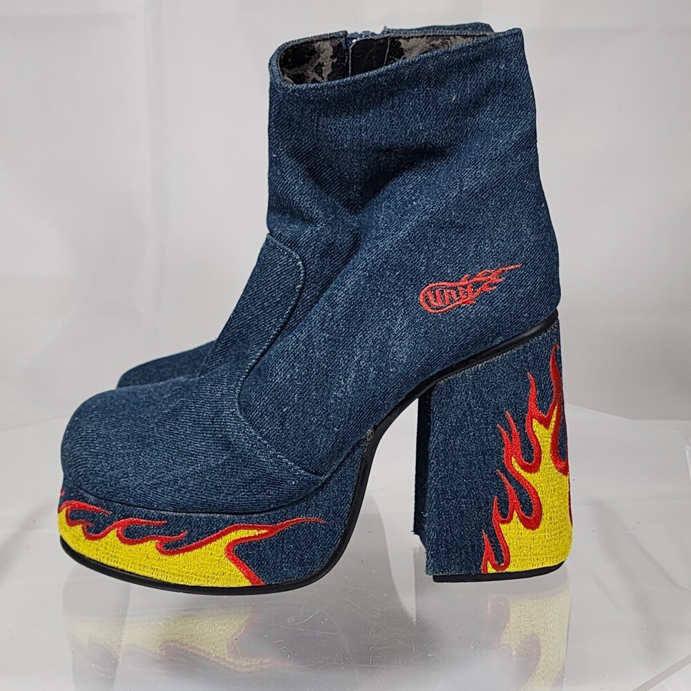 READ Vintage UNIF 6 M Flame Denim Chunky Platform Block Heel Booties/Ankle Boots